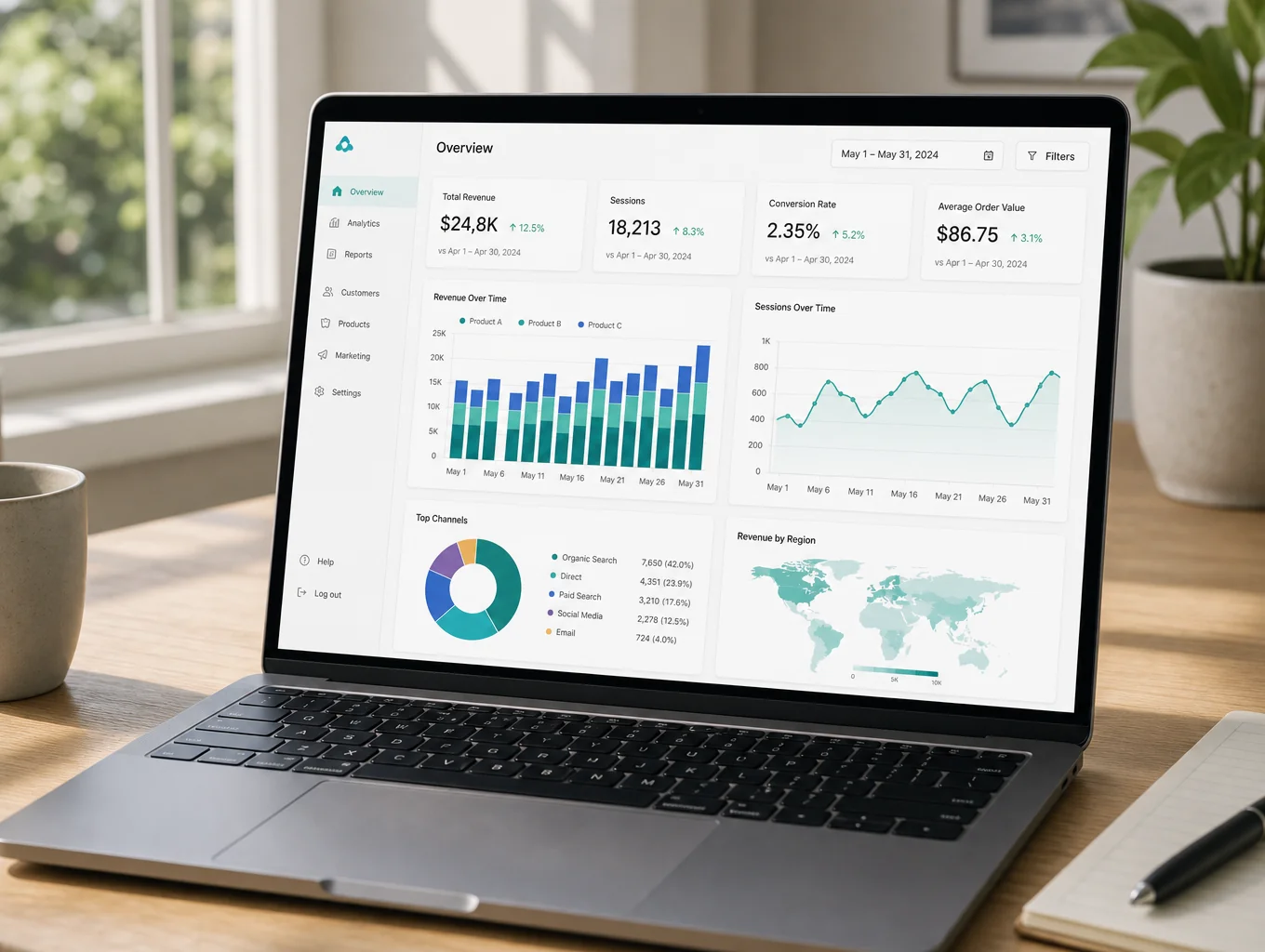 Modern office workspace with analytics dashboard on laptop