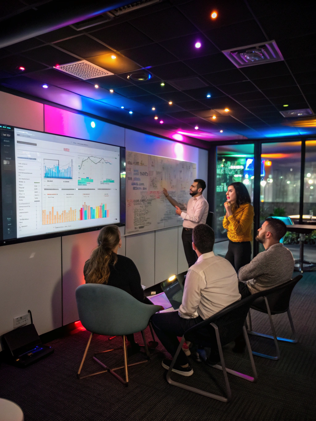 Digital marketing team reviewing analytics on a large screen