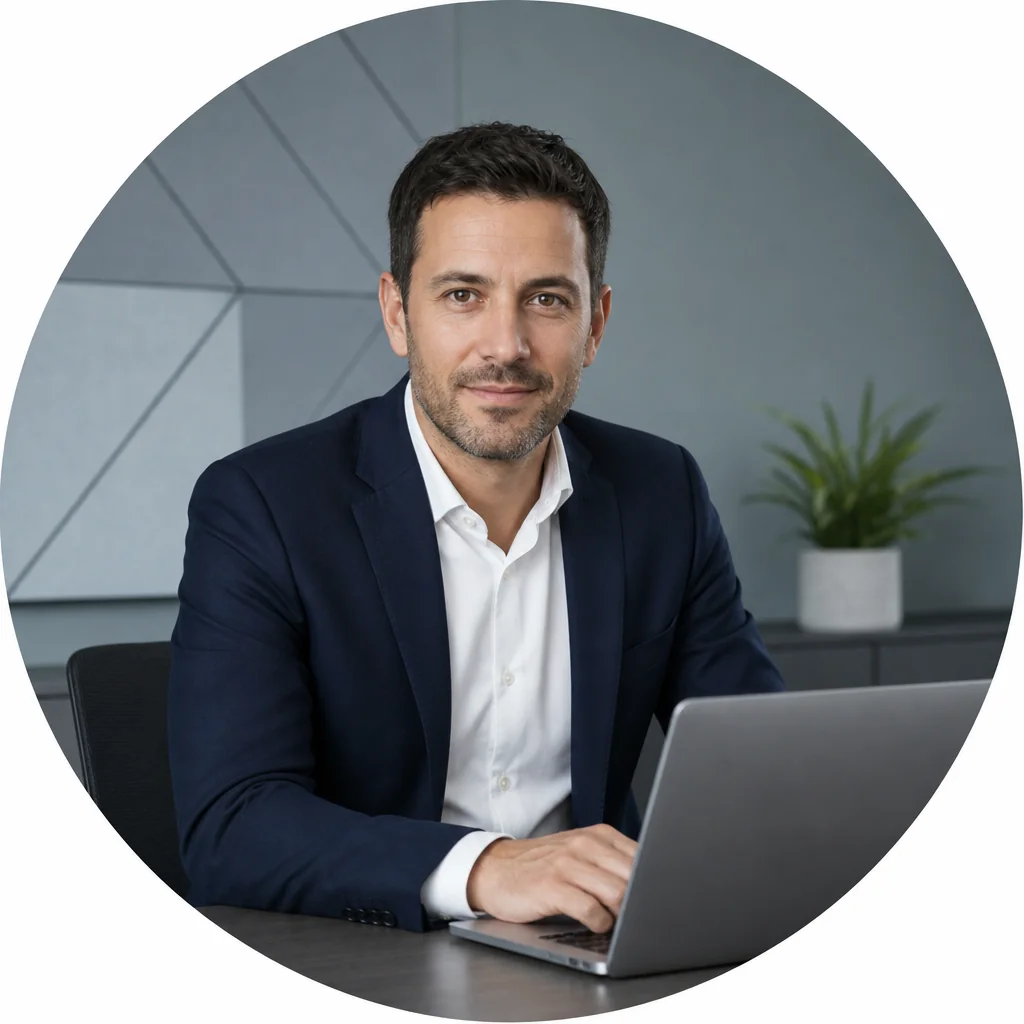 Portrait of Mark, a tech startup founder at his desk
